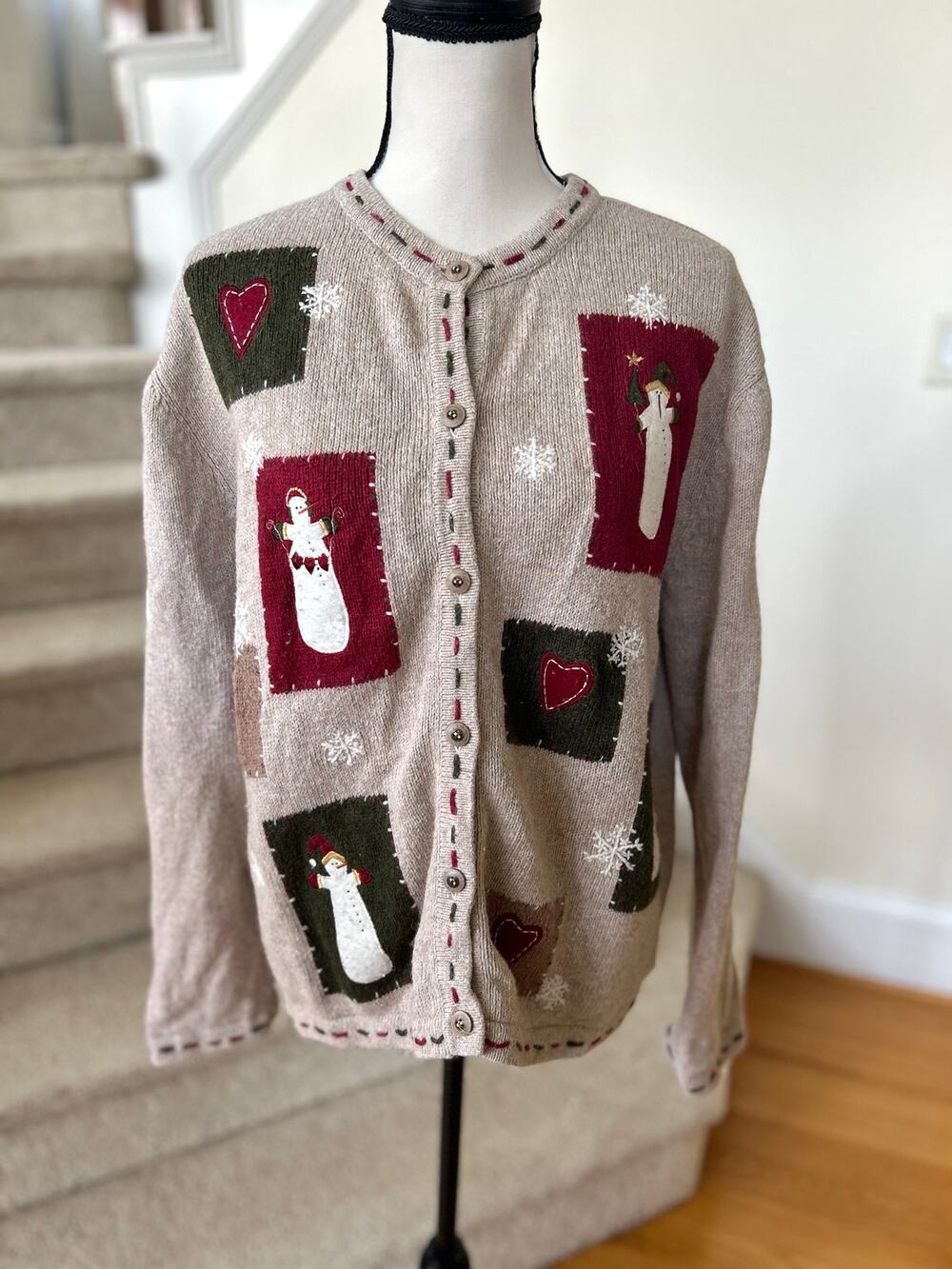 Vintage 90s Croft Barrow Tan Primitive Snowman Patchwork Cardigan Long Sleeve
